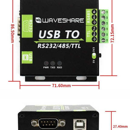 Waveshare Industrial USB to RS232/485/TTL Converter black enclosure with mounting flanges, RS232 DB9 and USB-B ports, dimensions labeled