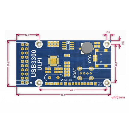 Waveshare High-Speed USB Interface Board for Device Connections - USB3300 ULPI board top view with dimensions and mounting holes