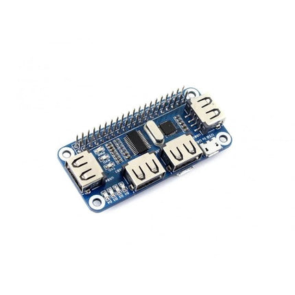 Waveshare 4-Port USB Hub HAT for Raspberry Pi Devices – compact blue PCB with four USB ports and USB to UART serial pins