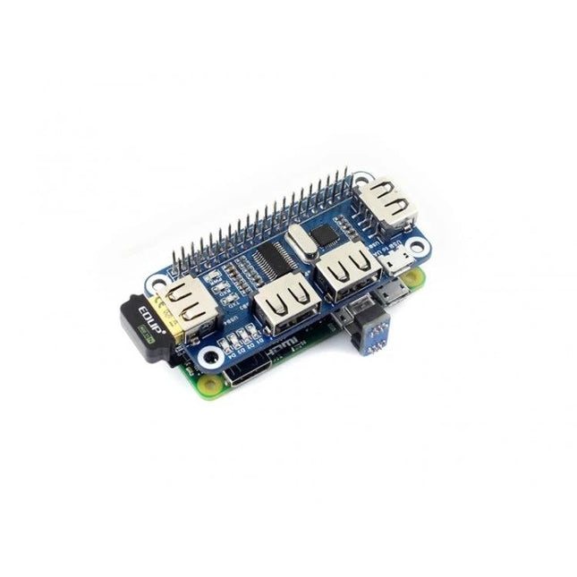 Waveshare 4-Port USB Hub HAT for Raspberry Pi Devices — compact USB hub HAT with four ports and USB-to-UART serial for Raspberry Pi prototyping