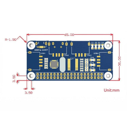 Waveshare 4-Port USB Hub HAT for Raspberry Pi Devices - top view PCB layout with USB to UART, pin headers and mounting holes, dimensions in mm