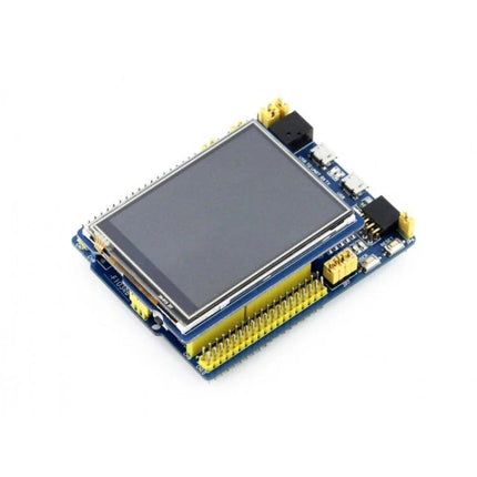 Compact 2.8 Inch Touch LCD Shield for Arduino Displays showing resistive touch screen and stacked pin headers on blue PCB