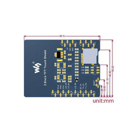 Compact 2.8 Inch Touch LCD Shield for Arduino Displays showing back PCB layout and dimensional measurements (mm)