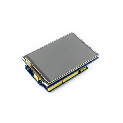 Compact 3.5-Inch Touch LCD Shield for Arduino Development showing resistive touch screen mounted on Arduino shield