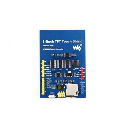 Compact 3.5-Inch Touch LCD Shield for Arduino Development showing blue 3.5-inch TFT touch shield PCB with connectors and SD card slot