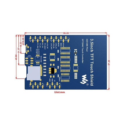 Compact 3.5-Inch Touch LCD Shield for Arduino Development showing blue PCB layout with pin labels and dimensions