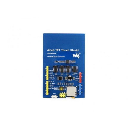 Versatile 4-Inch Touch LCD Shield for Arduino Projects showing blue 4-inch TFT touch shield with connectors and SD slot
