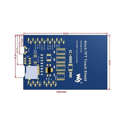 Versatile 4-Inch Touch LCD Shield for Arduino Projects showing board layout, connectors and dimensions in millimeters