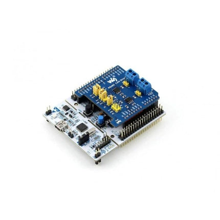Waveshare RS485 CAN Shield for NUCLEO Arduino Communication Projects blue shield mounted on NUCLEO board for industrial RS485 CAN serial networking