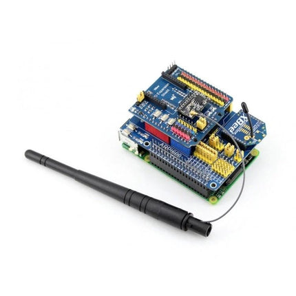 Waveshare Adapter Board for Arduino and Raspberry Pi Compatibility stacked with XBee module and antenna on Raspberry Pi for IoT prototyping