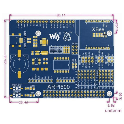 Waveshare Adapter Board for Arduino and Raspberry Pi Compatibility ARPI600 PCB layout showing XBee slot and Arduino shield headers
