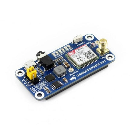 Waveshare Raspberry Pi HAT for Wireless Connectivity with SIM868 GSM GPRS GNSS Bluetooth module on blue HAT for IoT tracking and SMS