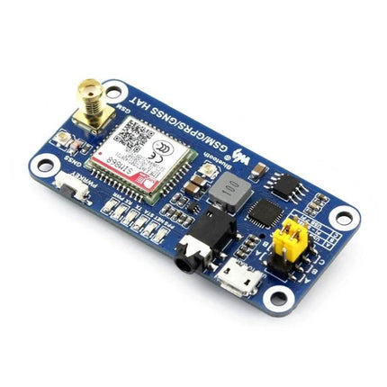 Waveshare Raspberry Pi HAT for Wireless Connectivity with SIM868 module showing GNSS, GSM/GPRS, Bluetooth connectors and antenna port