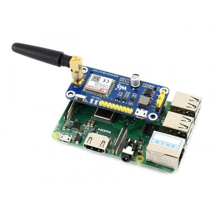 Waveshare NB-IoT HAT for Raspberry Pi Wireless Projects in Europe and Asia compact SIM7020E HAT mounted on Raspberry Pi with antenna for IoT tracking