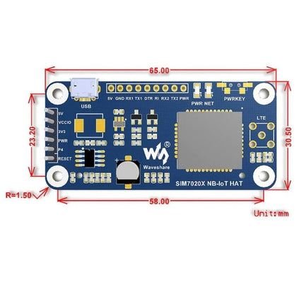 Waveshare NB-IoT HAT for Raspberry Pi Wireless Projects in Europe and Asia - SIM7020E module board dimensions and connector labels