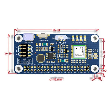 Waveshare Multi-GNSS HAT for Raspberry Pi Positioning compact module top view with dimensions and connector labels