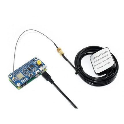 Waveshare Multi-GNSS HAT for Raspberry Pi Positioning mounted on Pi Zero with external GPS antenna and SMA connector for accurate vehicle and asset tracking