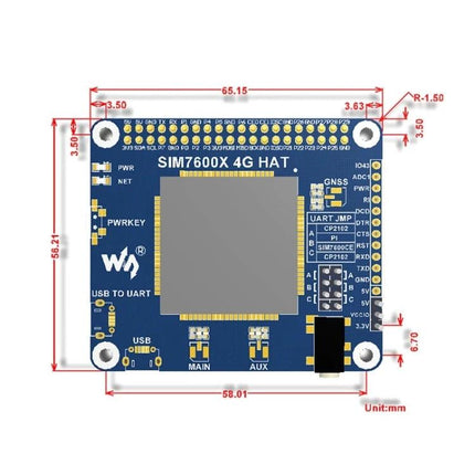 Waveshare 4G HAT for Raspberry Pi Internet Connectivity SIM7600A-H module top view with dimensions and connectors