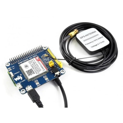 Waveshare 4G HAT for Raspberry Pi Internet Connectivity showing SIM7600A-H module with GNSS antenna and USB connection for IoT projects