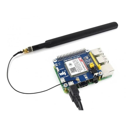 Waveshare 4G HAT for Raspberry Pi Internet Connectivity showing module with antenna and SIM7600A-H for remote IoT and GNSS positioning