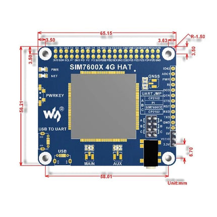 Waveshare 4G/3G HAT for Raspberry Pi Connectivity in Europe and Asia blue SIM7600X module top view with dimensions and UART/GNSS labels