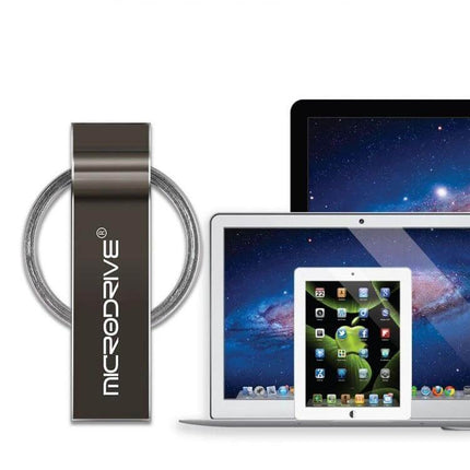 Portable MicroDrive 4GB Metal Keychain USB Storage Drive shown next to laptop and tablet for easy file transfer and on‑the‑go use