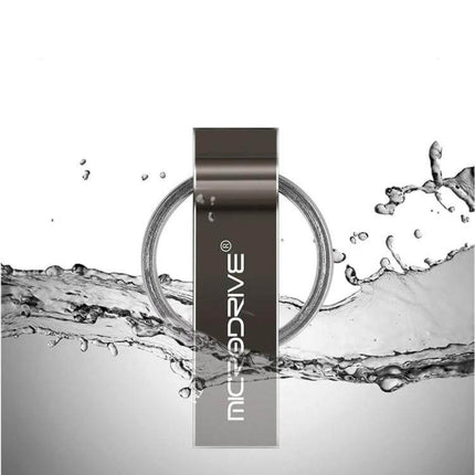 Portable MicroDrive 4GB Metal Keychain USB Storage Drive hanging on keyring with water splash background
