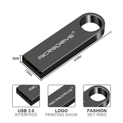 MicroDrive 16GB USB Flash Drive for File Storage and Transfer — slim metal USB 2.0 stick with keyring hole, compact pocket-sized storage