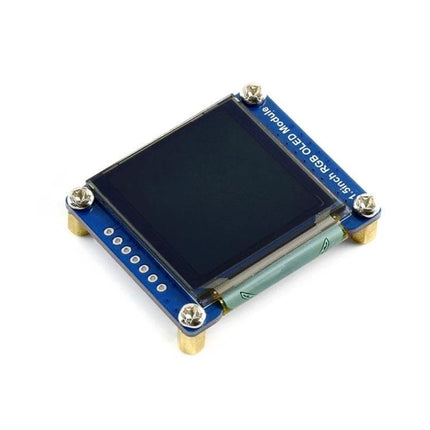 Waveshare 1.5 Inch RGB OLED Display Module for Electronics Projects showing 128x128 compact RGB OLED on blue PCB for wearables and IoT prototypes