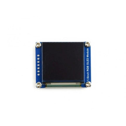 Waveshare 1.5 Inch RGB OLED Display Module for Electronics Projects showing compact 128x128 RGB OLED screen with mounting holes