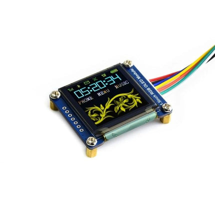 Waveshare 1.5 Inch RGB OLED Display Module for Electronics Projects compact 128x128 OLED showing clock and graphics on breadboard-ready board
