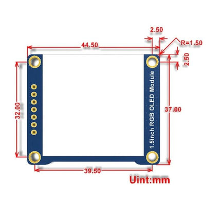 Waveshare 1.5 Inch RGB OLED Display Module for Electronics Projects showing module dimensions and mounting hole layout (units mm)