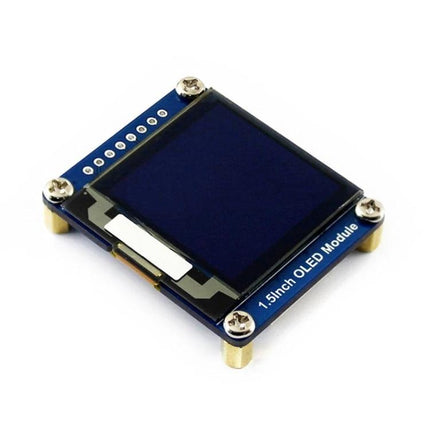 Waveshare 1.5 Inch OLED Display Module for Electronic Projects shown mounted on blue PCB, 128x128 white OLED for Raspberry Pi and Arduino prototypes
