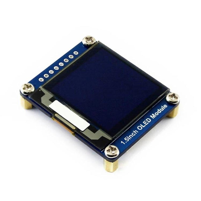 Waveshare 1.5 Inch OLED Display Module for Electronic Projects shown mounted on blue PCB, 128x128 white OLED for Raspberry Pi and Arduino prototypes