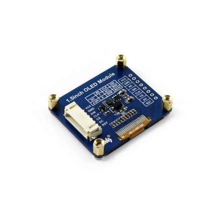 Waveshare 1.5 Inch OLED Display Module for Electronic Projects showing 1.5-inch 128x128 white OLED PCB with connector and mounting posts