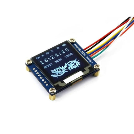 Waveshare 1.5 Inch OLED Display Module for Electronic Projects showing 128x128 white display with wires mounted on standoffs
