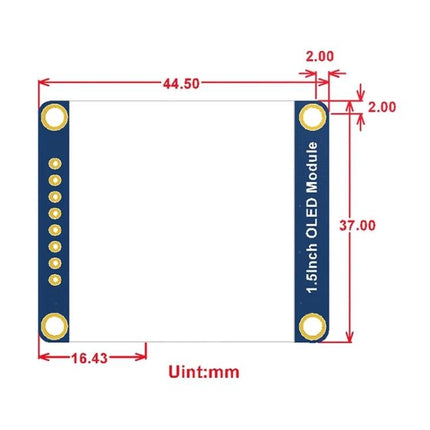 Waveshare 1.5 Inch OLED Display Module for Electronic Projects compact 128x128 white OLED module dimensions diagram (mm)