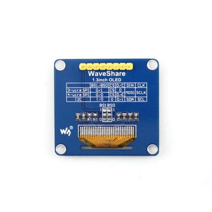 Waveshare 1.3 Inch Blue OLED Display for Electronics Projects - compact 128x64 blue module showing pin labels and FPC connector