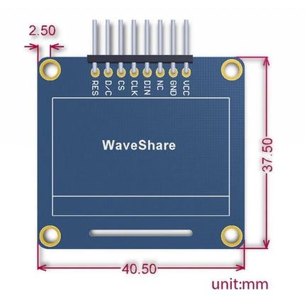 Waveshare 1.3 Inch Blue OLED Display for Electronics Projects - compact 128x64 blue OLED module with header pins for wearable, IoT, embedded prototypes