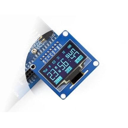 Waveshare 1.3 Inch Blue OLED Display for Electronics Projects showing time and icons, compact 128x64 module for wearables and IoT prototypes