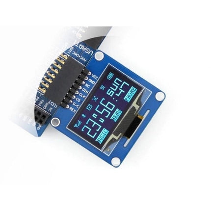 Waveshare 1.3 Inch Blue OLED Display for Electronic Projects showing 128x64 blue screen with clock and icons mounted on development board