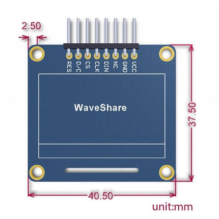 Waveshare 1.3 Inch Blue OLED Display for Electronic Projects compact 128x64 pixel module with pin headers and mounting holes