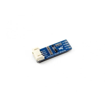 Waveshare 0.91 Inch OLED Display for Compact Electronic Projects showing module with I2C pins and connector