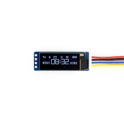 Waveshare 0.91 Inch OLED Display for Compact Electronic Projects - slim blue module showing clock and icons, wired for Raspberry Pi/Arduino