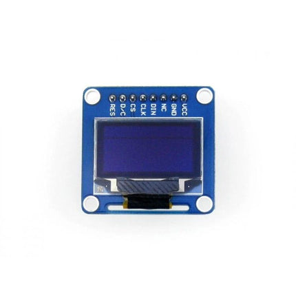 Waveshare 0.96 Inch OLED Display for Electronic Projects showing SSD1306 module on blue PCB for IoT and microcontroller prototypes
