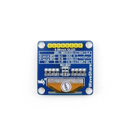 Waveshare 0.96 Inch OLED Display for Electronic Projects showing SSD1306 module on blue PCB for IoT and microcontroller prototypes