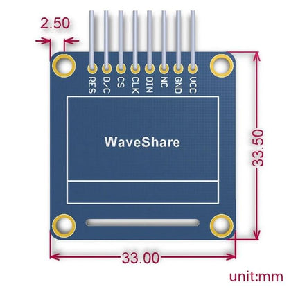 Waveshare 0.96 Inch OLED Display for Electronic Projects showing SSD1306 pin labels, mounting holes and dimensions (33x33.5mm)
