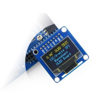 Waveshare 0.96 Inch OLED Display for Electronic Projects - compact SSD1306 OLED showing real-time IoT data on blue breakout board