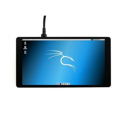 Waveshare 5.5 Inch Capacitive AMOLED Touch Screen with Glass Cover showing Raspberry Pi/Kali desktop, USB cable connected, tempered glass display