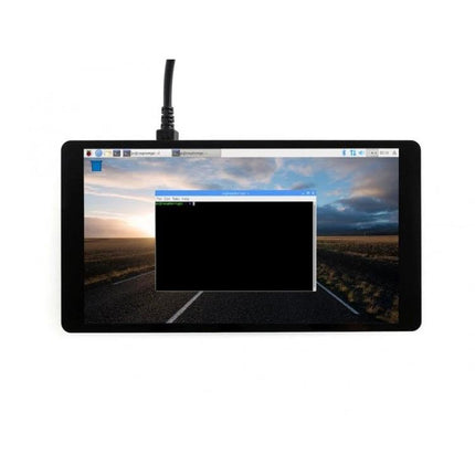 Waveshare 5.5 Inch Capacitive AMOLED Touch Screen with Glass Cover showing Raspberry Pi desktop and terminal on a road wallpaper